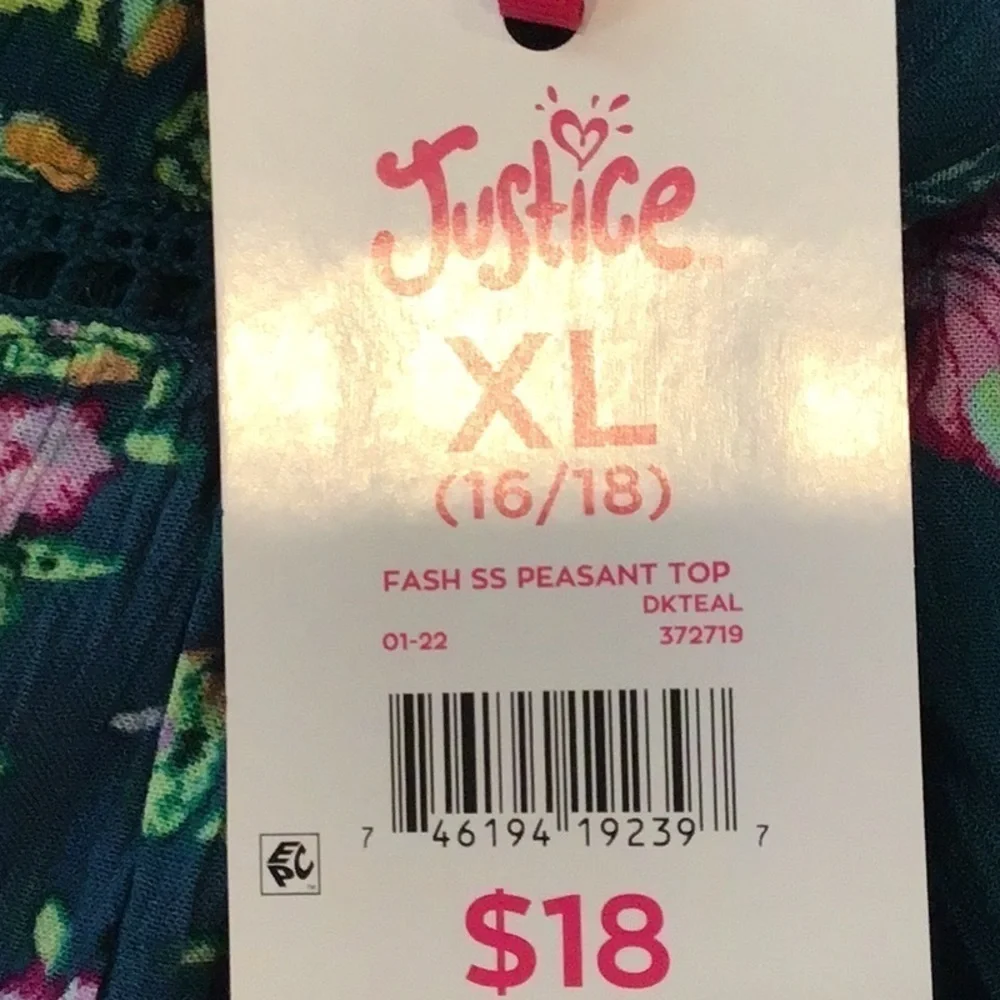 NWT Justice Floral Flare Sleeve Top Size XLARGE (16/18)